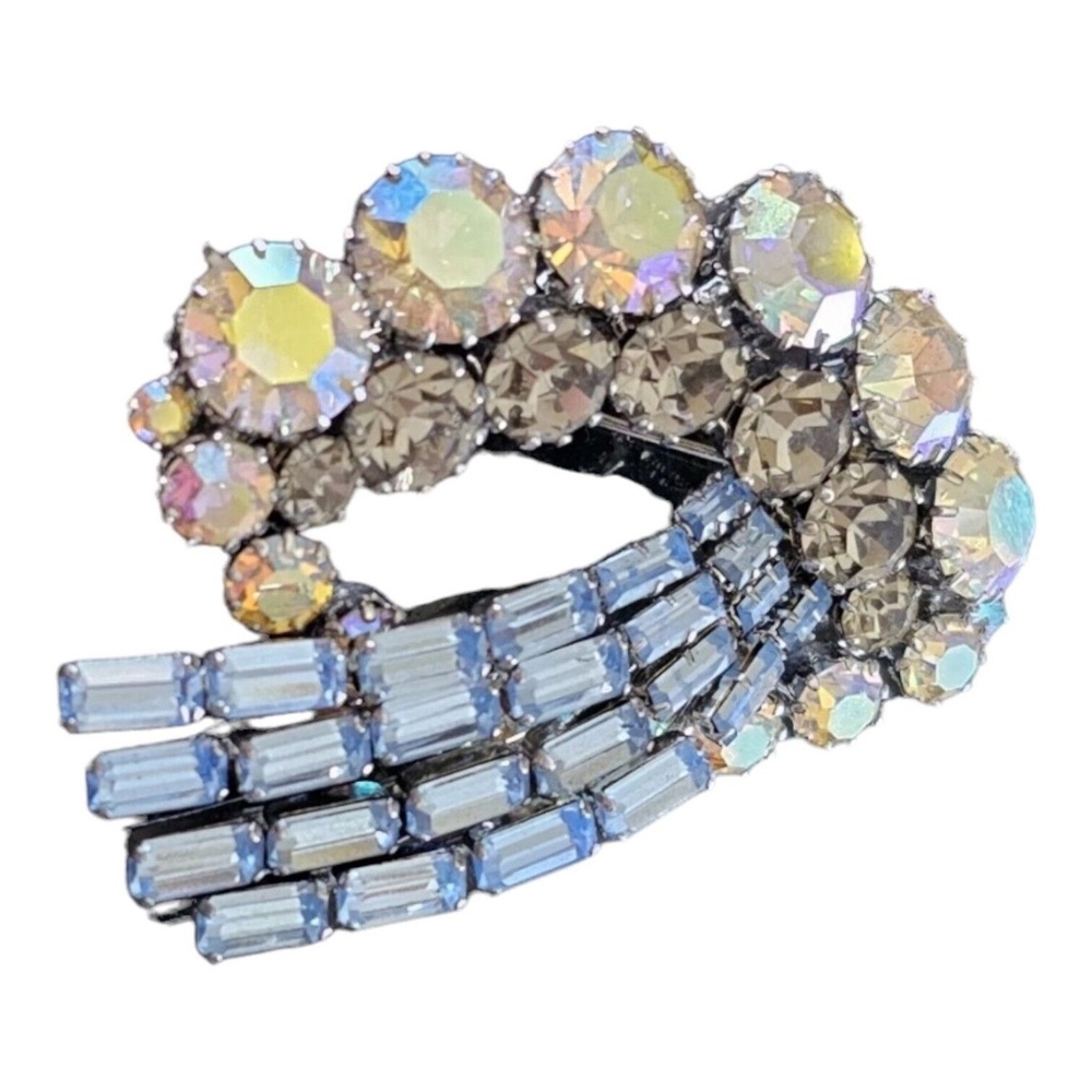 Vintage AUSTRIA Brooch Pin Blue Ice Rhinestone Crystal AB Iridescent 2 3…